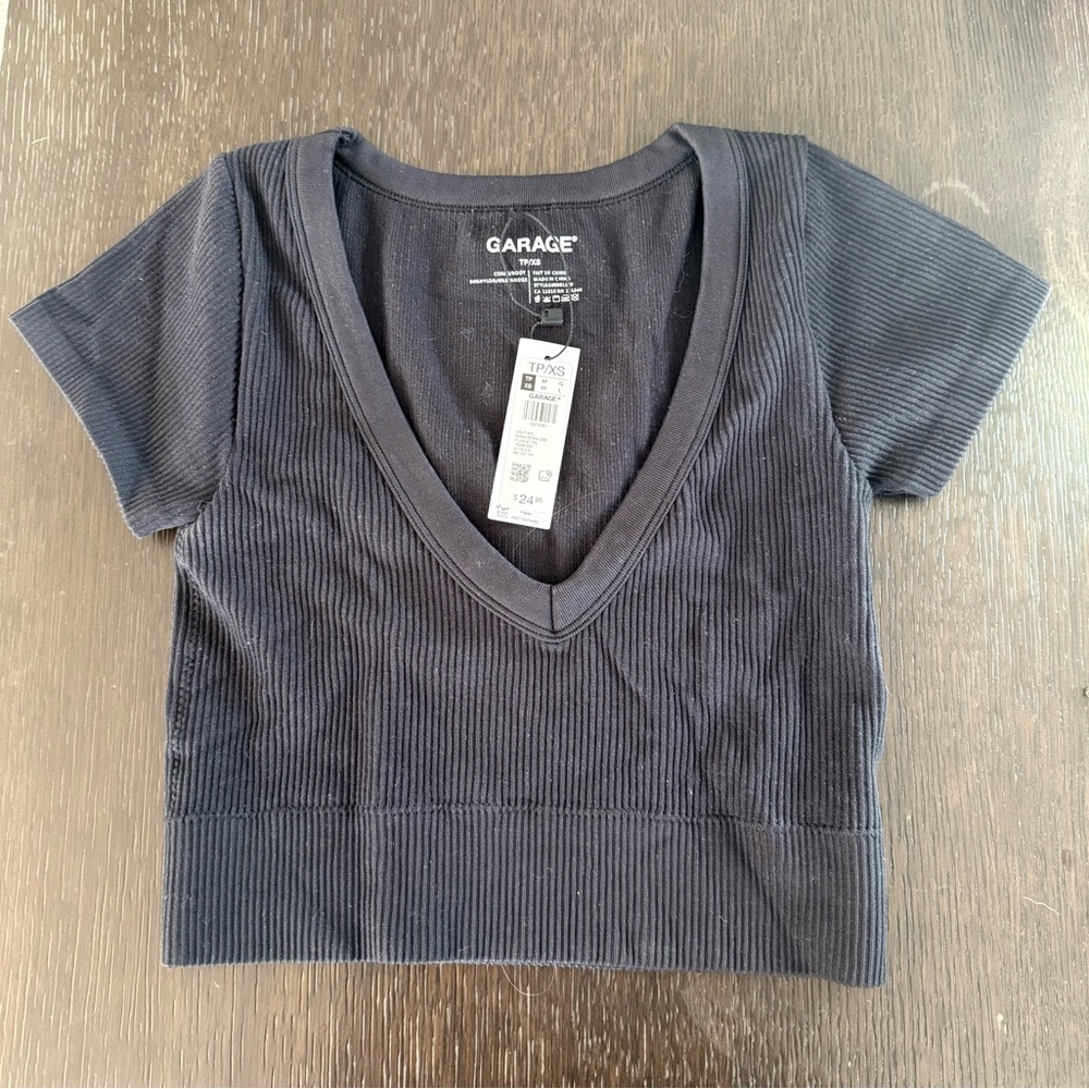 Garage Charcoal Ribbed V-Neck Short Sleeved Crop Top